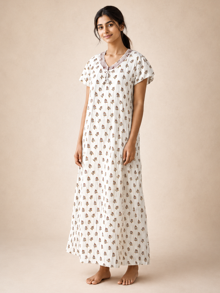 Buti Print Bamboo Feel Crush Cotton Nighty for Women Vanilla