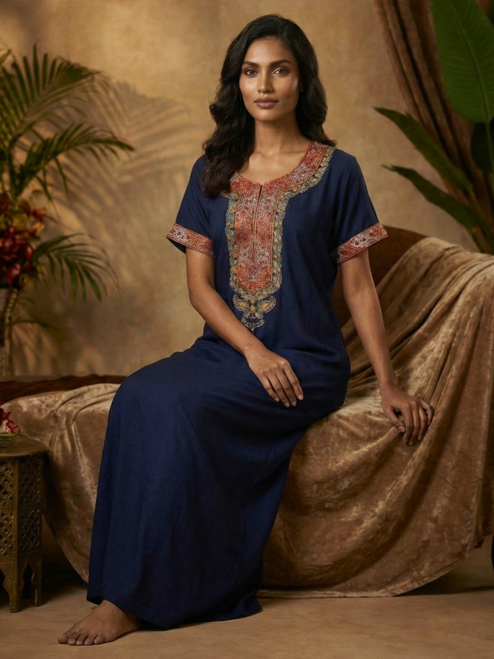 Raatrani Heritage Blue Alpine Embroidered A Line Nighty for Women