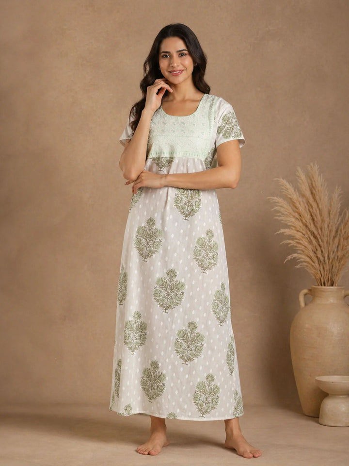 Leaf Print Pure Cotton Nighty for Women with Embroidered Patch