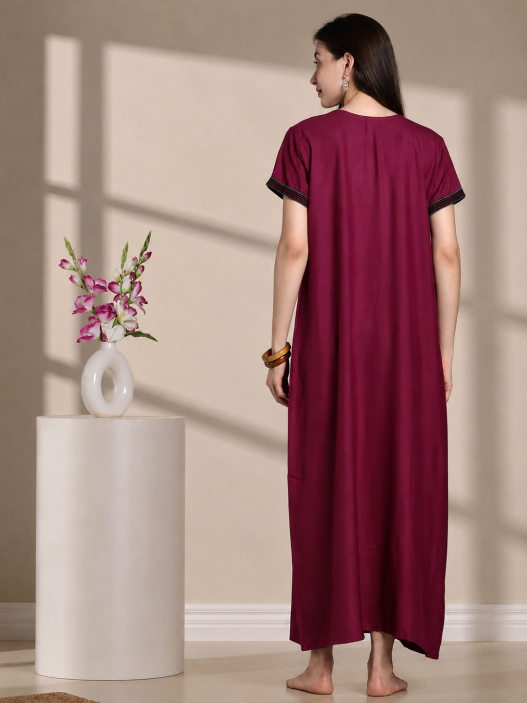 Raatrani Plum Pink Alpine Designer Nighty for Women with Embroidery