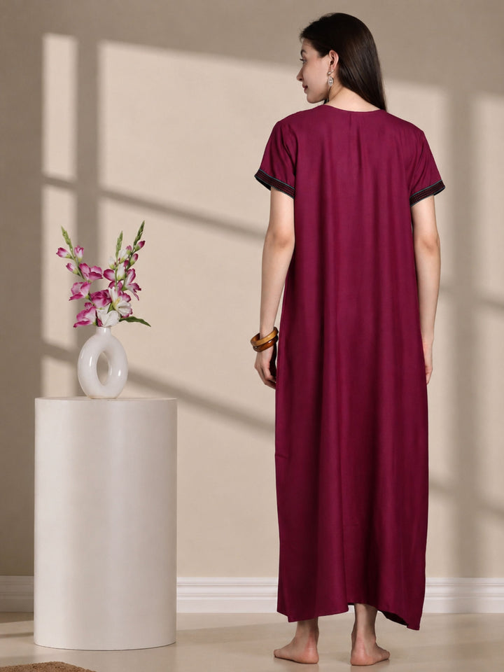 Raatrani Plum Pink Alpine Designer Nighty for Women with Embroidery