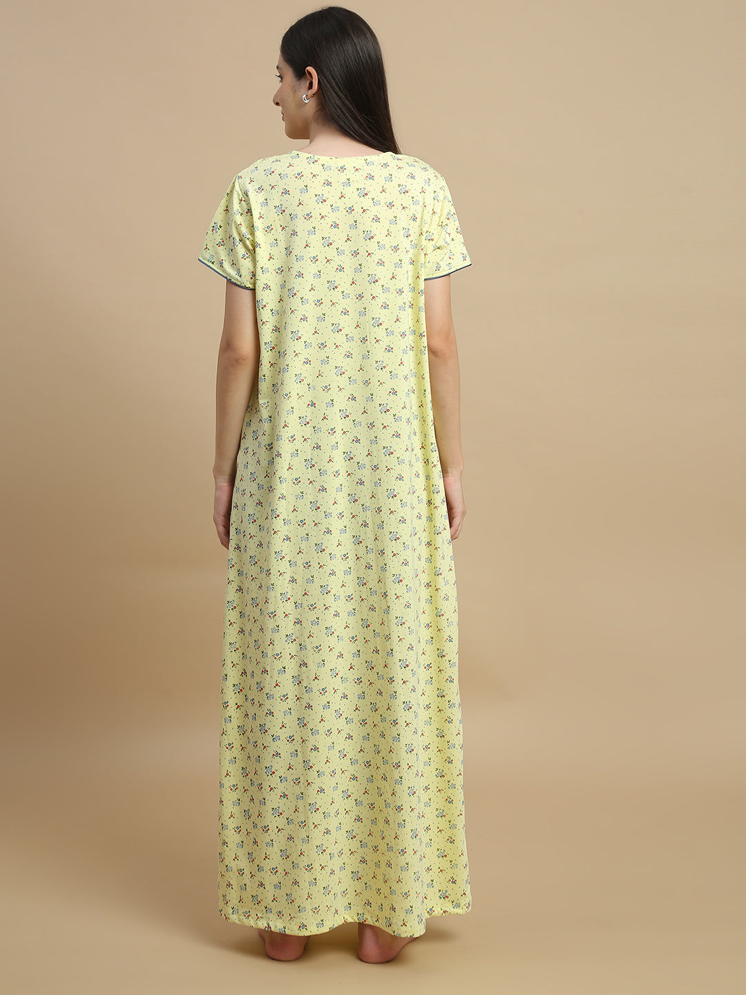 Yellow Floral Print Cotton Blend Designer Nighty for Women