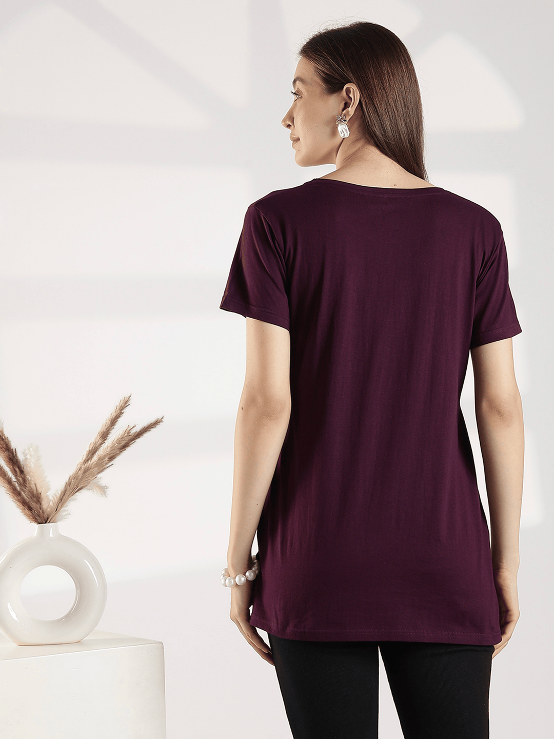 Wine Hosiery Cotton Long T Shirt Nighty for Women Relaxed Fit