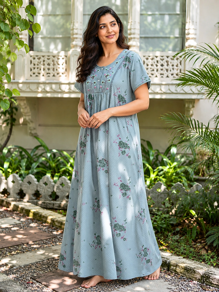 Mist Green Floral Print Cotton Blend Nighty for Women