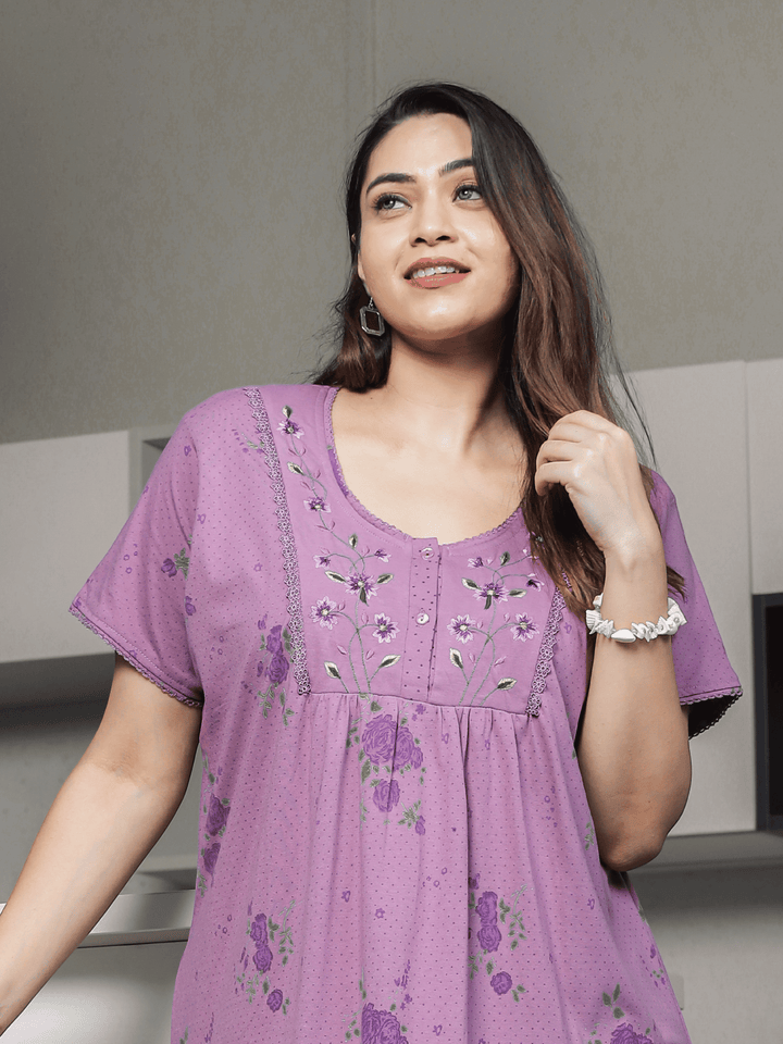 Purple Cotton Blend Embroidered Maxi Nighty for Women