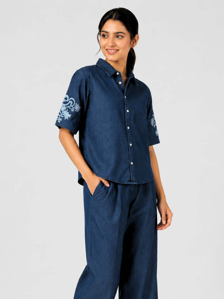 Dark Blue Denim Co Ord Set with Sleeve Embroidery for Women