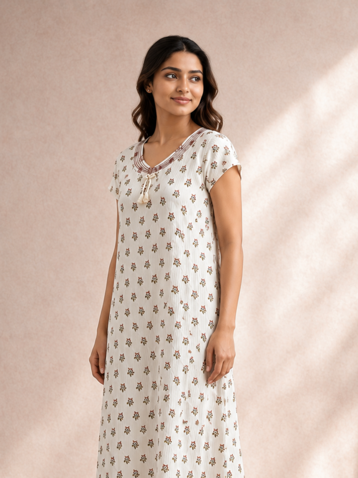 Peach Buti Print Bamboo Feel Crush Cotton Nighty for Women