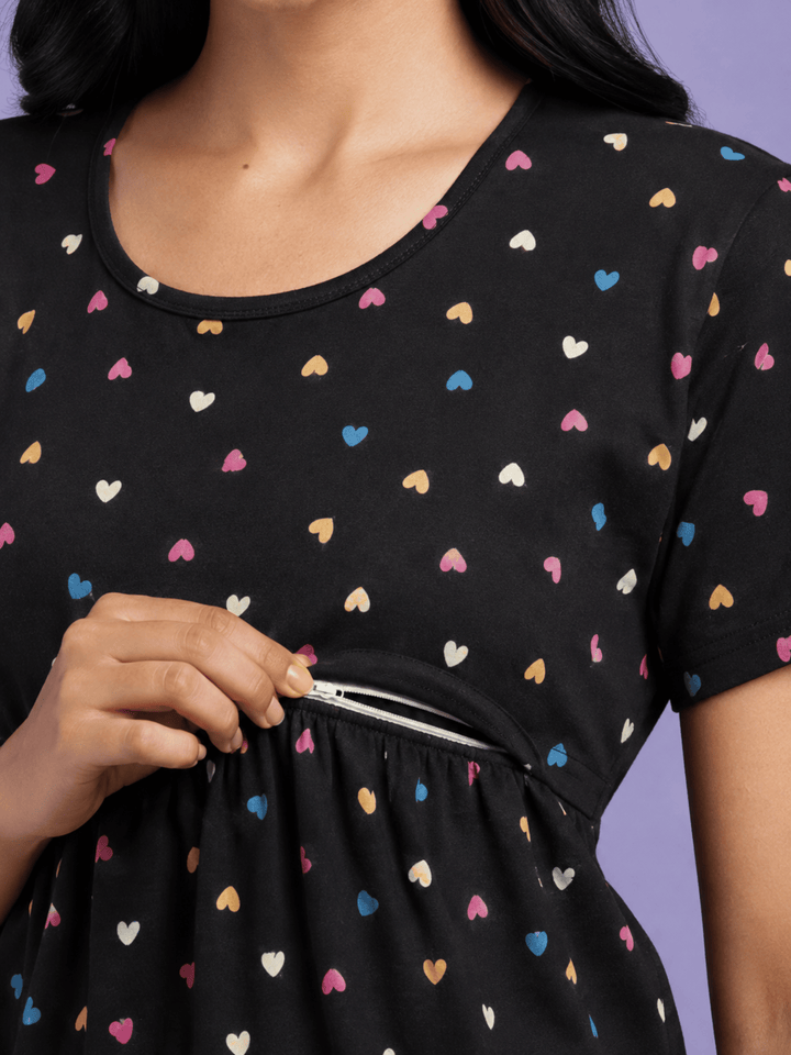 Black Sweetheart Hosiery Cotton Maternity Short Nighty for Women