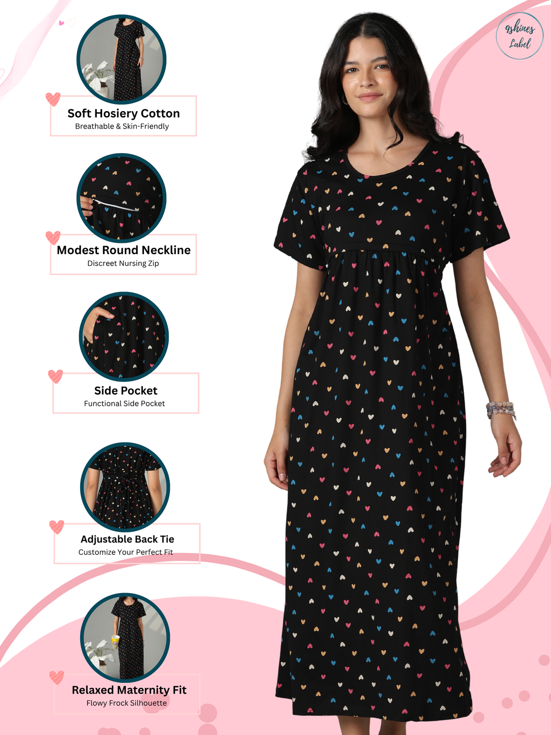 Black Sweetheart Hosiery Cotton Maternity Short Nighty for Women