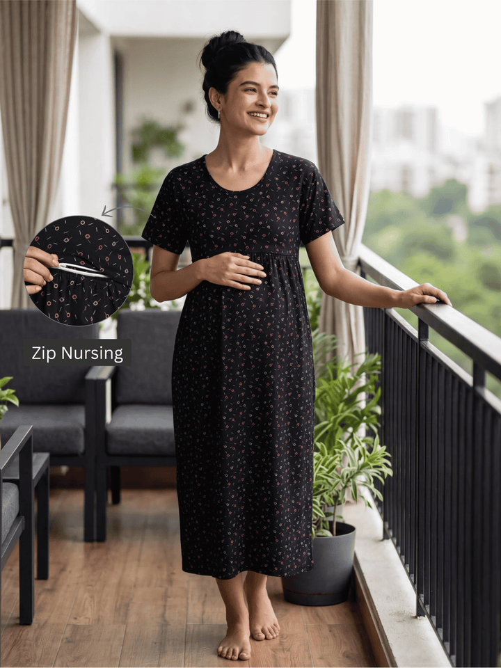 Dark Grey Geometric Print Maternity Feeding Nighty in Hosiery Cotton