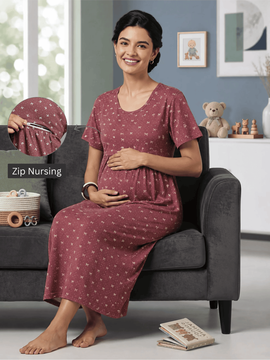 Cute Bow Print Maternity Nighty in Mauve Hosiery Cotton