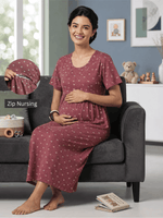 Cute Bow Print Maternity Nighty in Mauve Hosiery Cotton