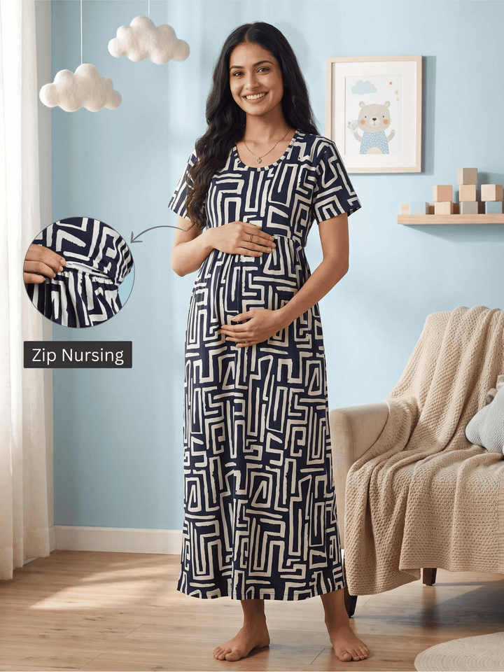 Navy Maze Hosiery Cotton Maternity Nightdress with Feeding Zip