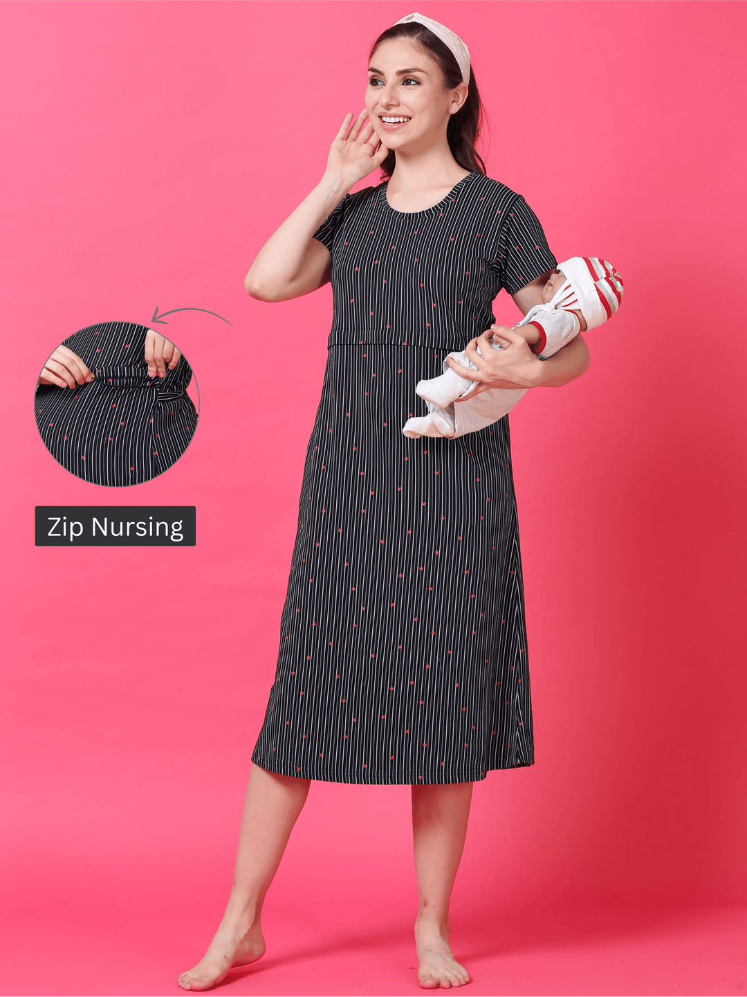 Hosiery Cotton Maternity Nighty Navy Blue