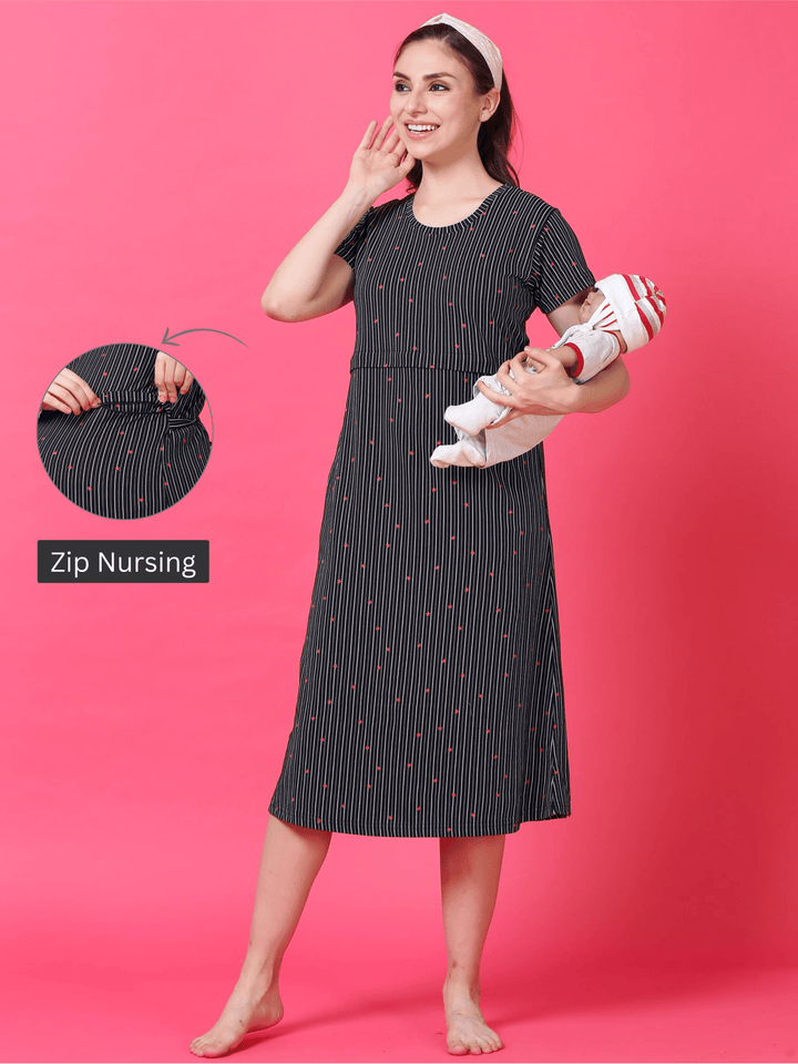 Hosiery Cotton Maternity Nighty Navy Blue