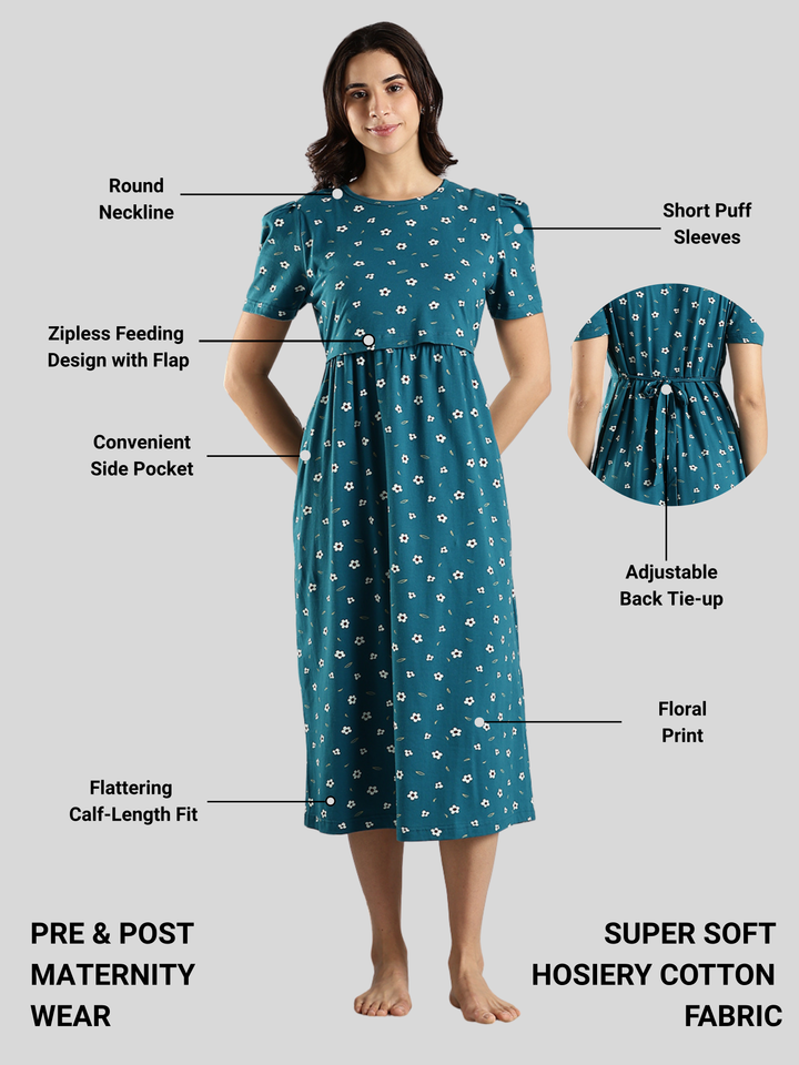 Blue Flower Cotton Maternity Nightdress for Women Feeding Friendly