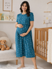 Blue Flower Cotton Maternity Nightdress for Women Feeding Friendly