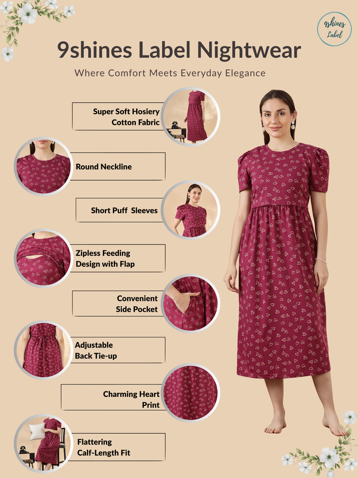 Berry Plum Hearts Maternity Nighty for Women Feeding Friendly