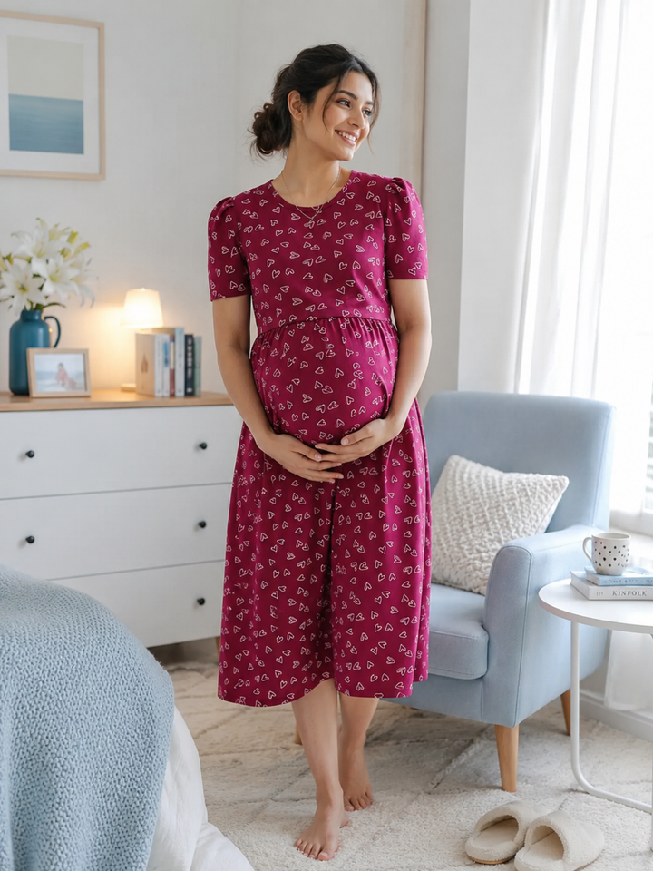 Berry Plum Hearts Maternity Nighty for Women Feeding Friendly