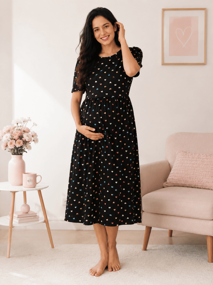 Black Sweetheart Floral Hosiery Cotton Short Maternity Nighty