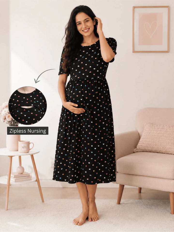 Black Sweetheart Floral Hosiery Cotton Short Maternity Nighty