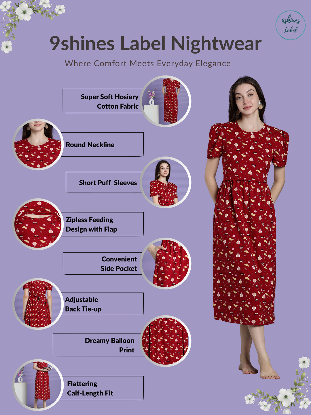 Dreamy Red Balloon Print Maternity Nighty Feeding Friendly