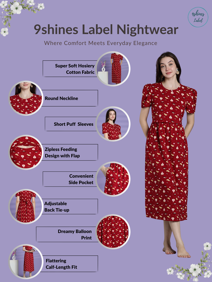 Dreamy Red Balloon Print Maternity Nighty Feeding Friendly