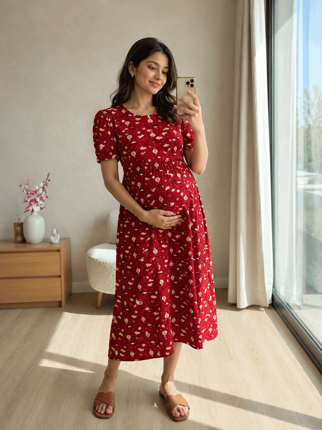 Dreamy Red Balloon Print Maternity Nighty Feeding Friendly