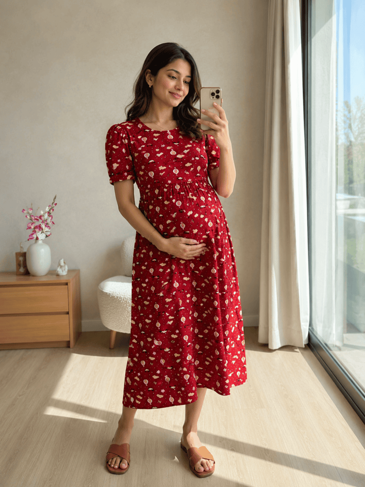 Dreamy Red Balloon Print Maternity Nighty Feeding Friendly