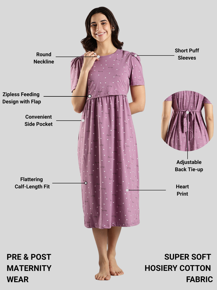 Lavender Hearts Cotton Maternity Night dress for Women