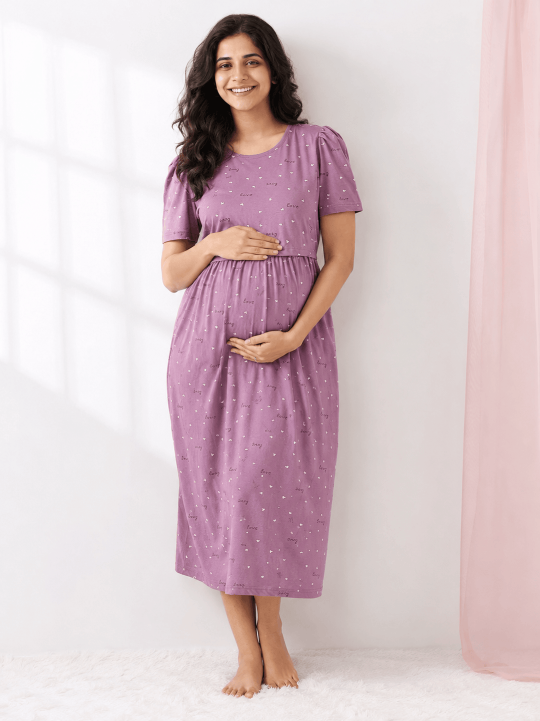 Shop Lavender Hearts Feeding Maternity Nighty dress Online Hosiery Cotton / XXL/48