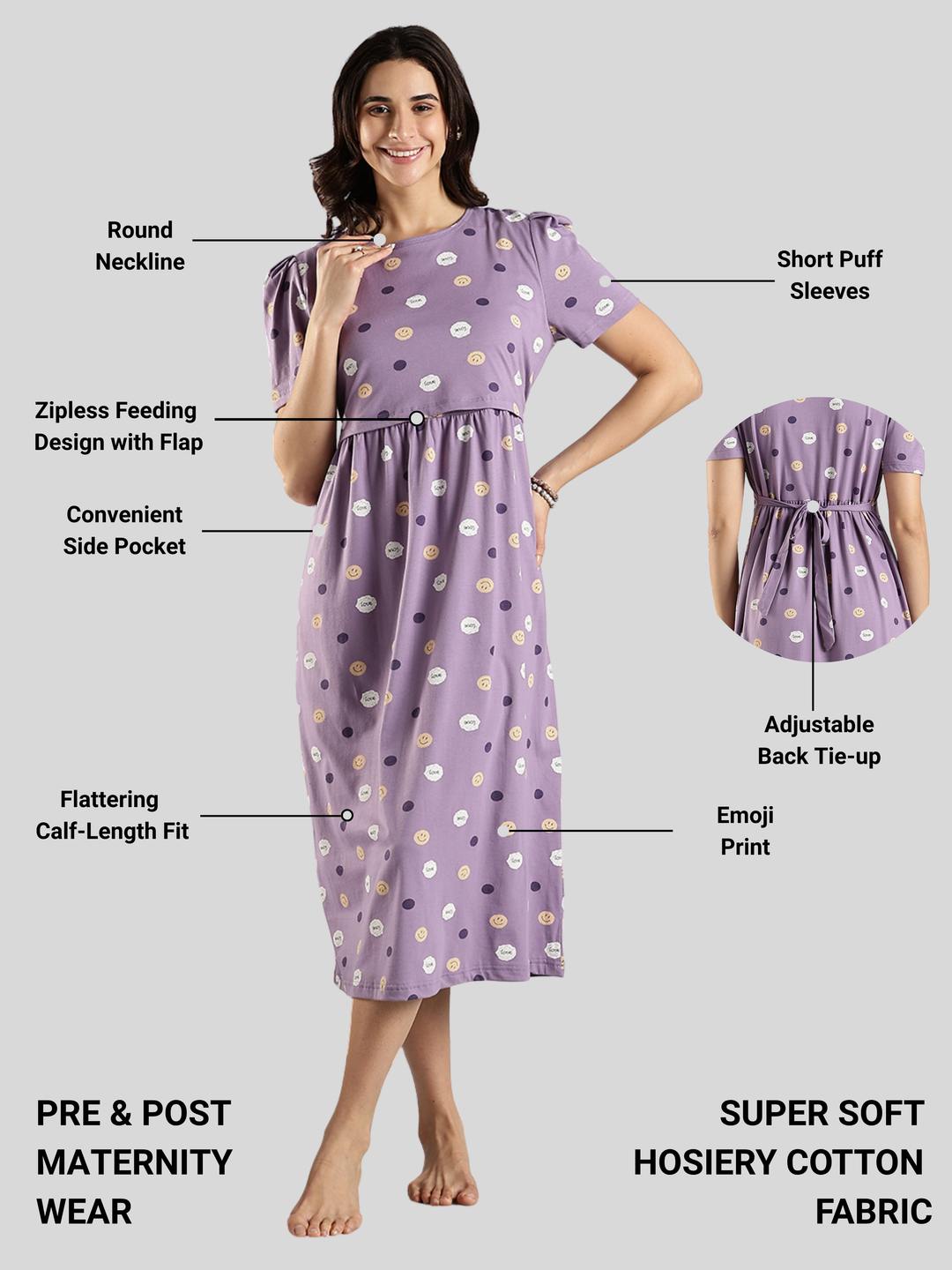 Lavender Cotton Maternity Nighty for Women Feeding Friendly
