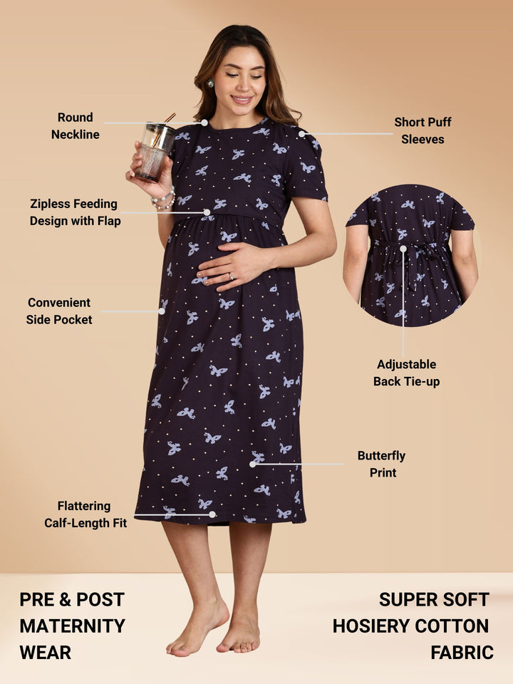 Navy Stylish Zipless Maternity Feeding Nightwear for Women