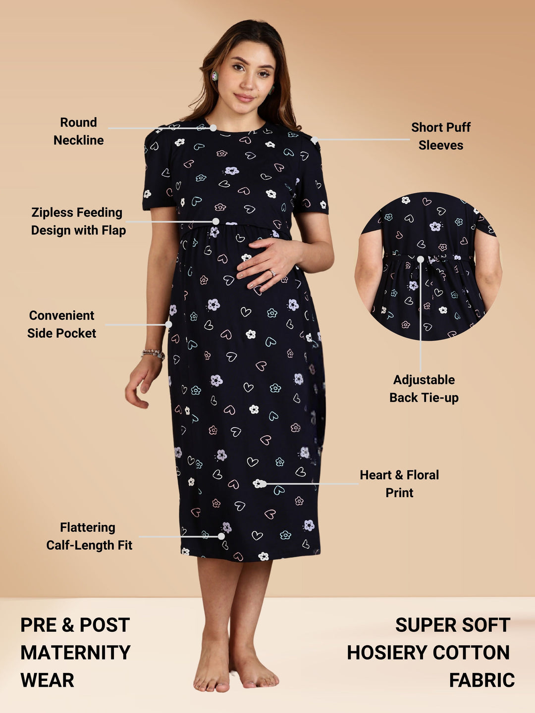 Navy Stylish Zipless Maternity Feeding Nightwear for Women