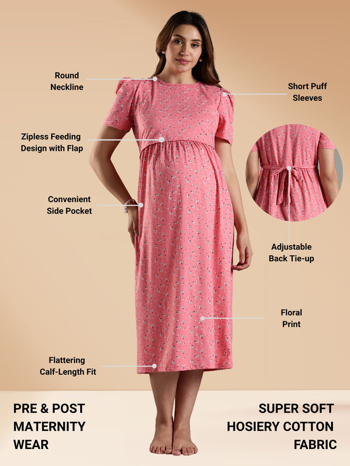 Pink Stylish Zipless Maternity Feeding Nightwear for Women