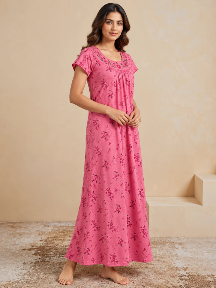Dark Peach Floral Print Cotton Blend Pleated Nighty for Women