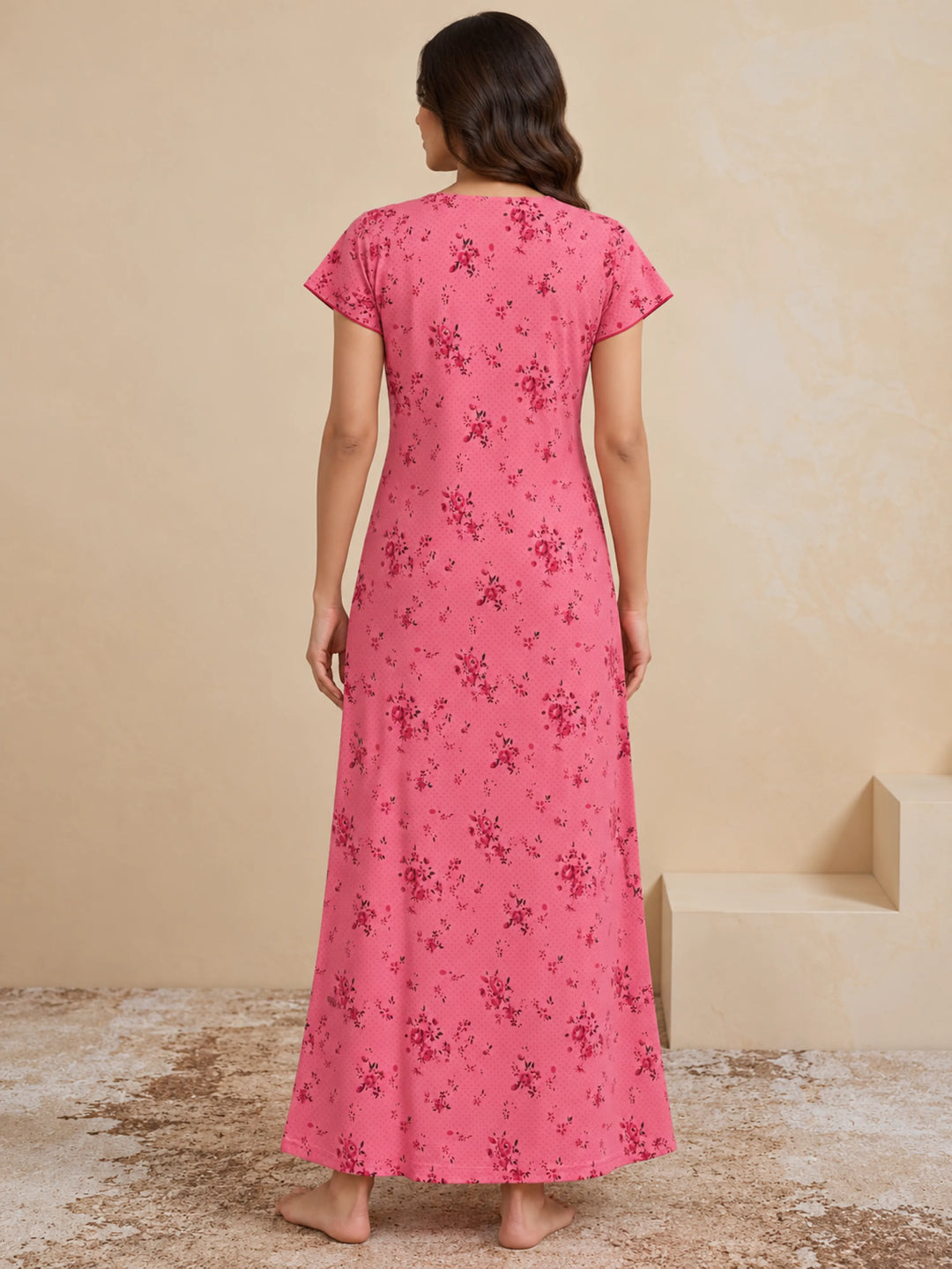 Dark Peach Floral Print Cotton Blend Pleated Nighty for Women