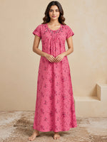 Dark Peach Floral Print Cotton Blend Pleated Nighty for Women