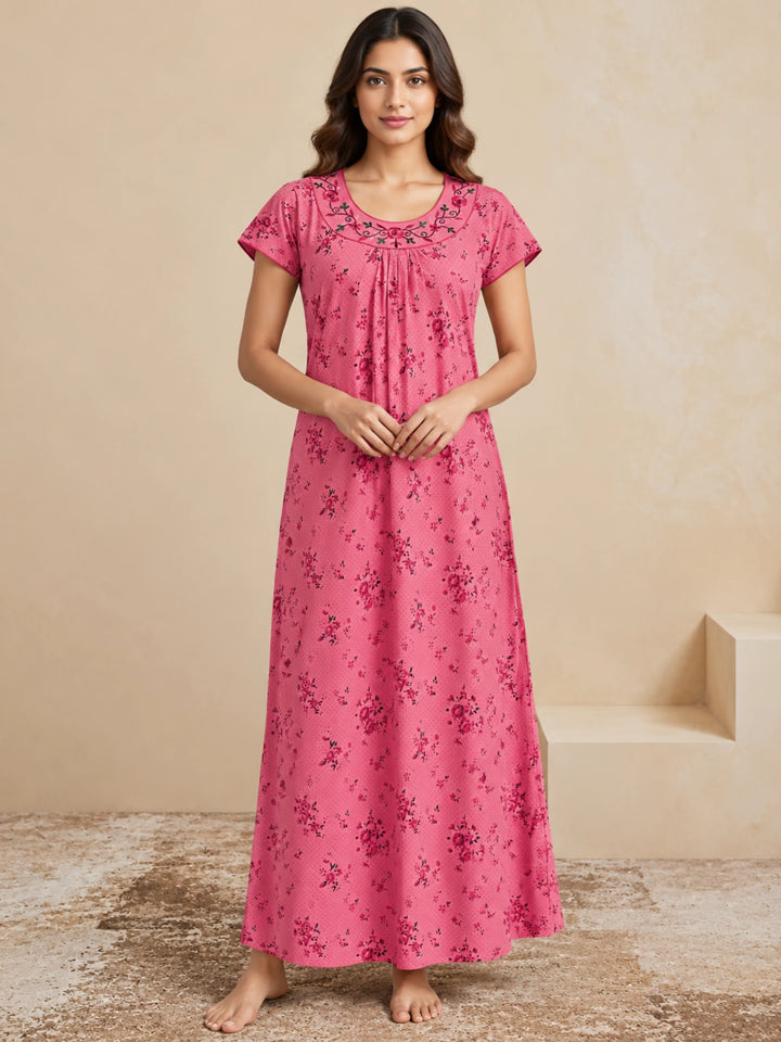 Dark Peach Floral Print Cotton Blend Pleated Nighty for Women