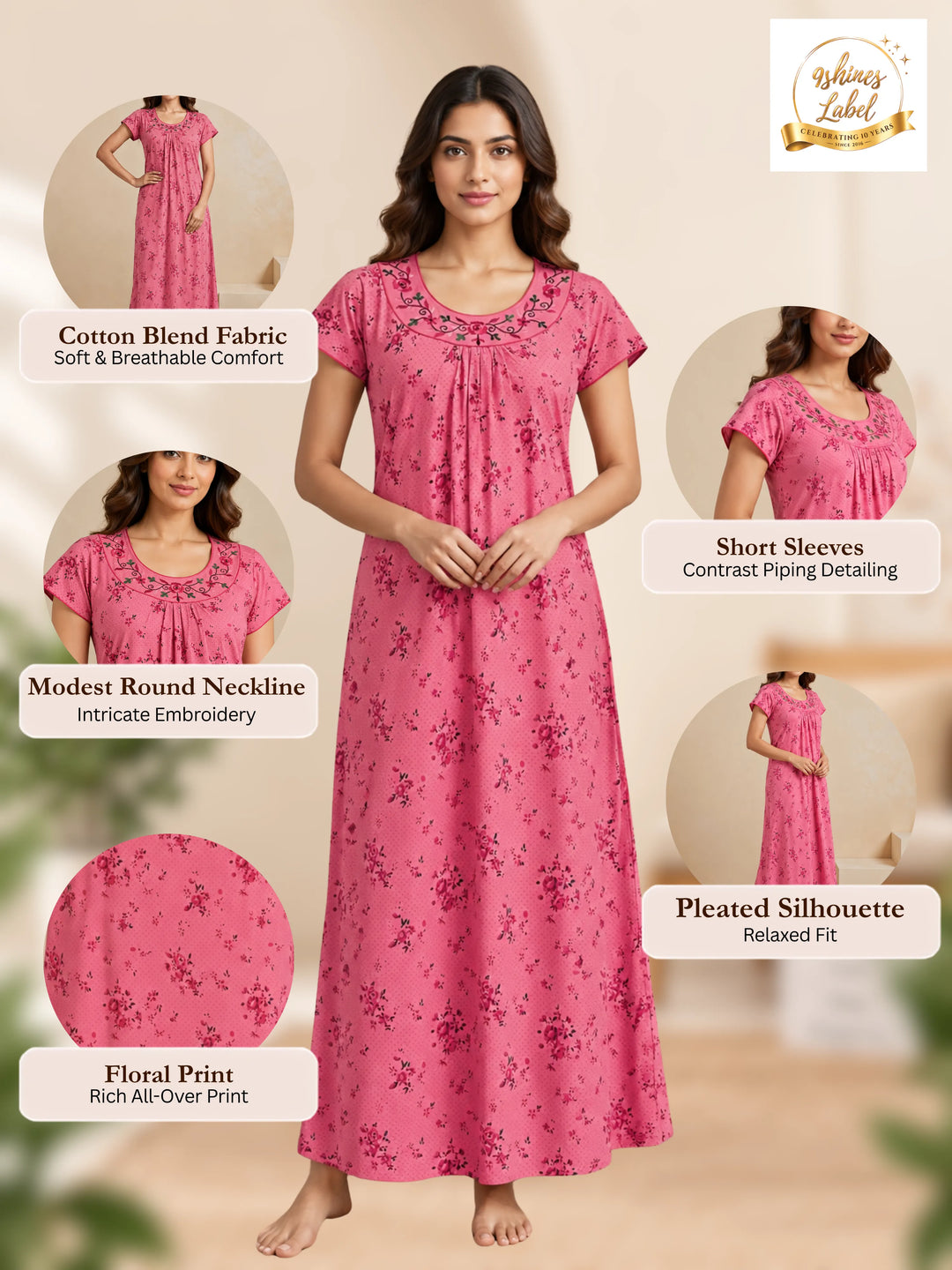 Dark Peach Floral Print Cotton Blend Pleated Nighty for Women