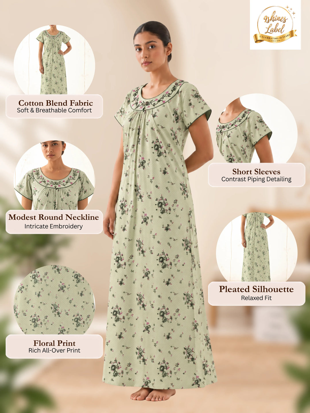 Green Floral Print Cotton Blend Pleated Nighty for Women