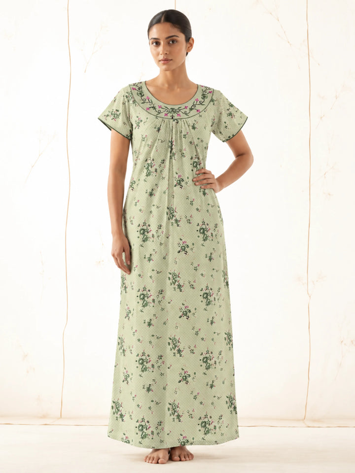 Green Floral Print Cotton Blend Pleated Nighty for Women