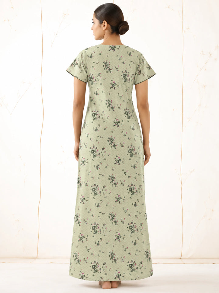 Green Floral Print Cotton Blend Pleated Nighty for Women