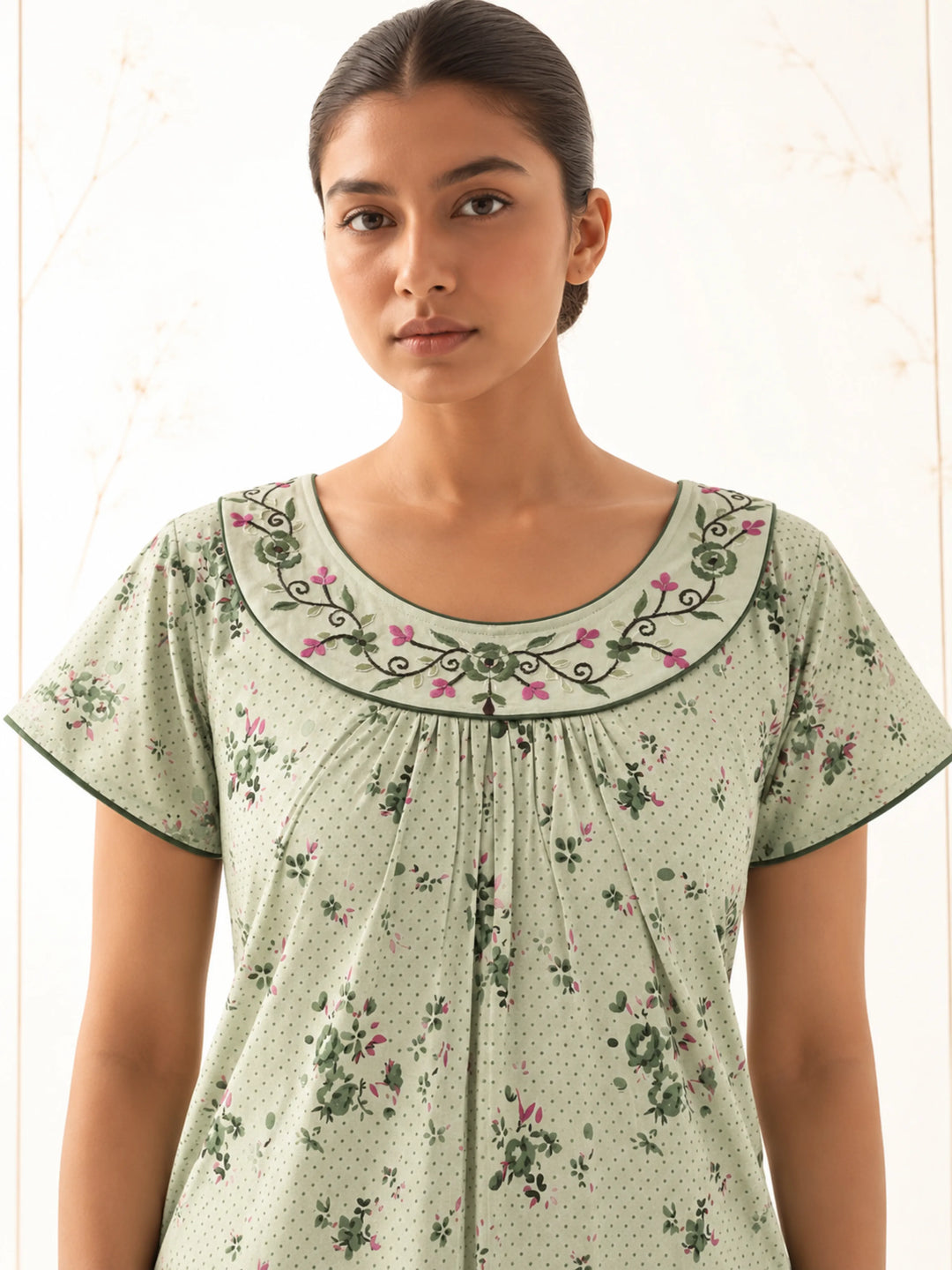 Green Floral Print Cotton Blend Pleated Nighty for Women