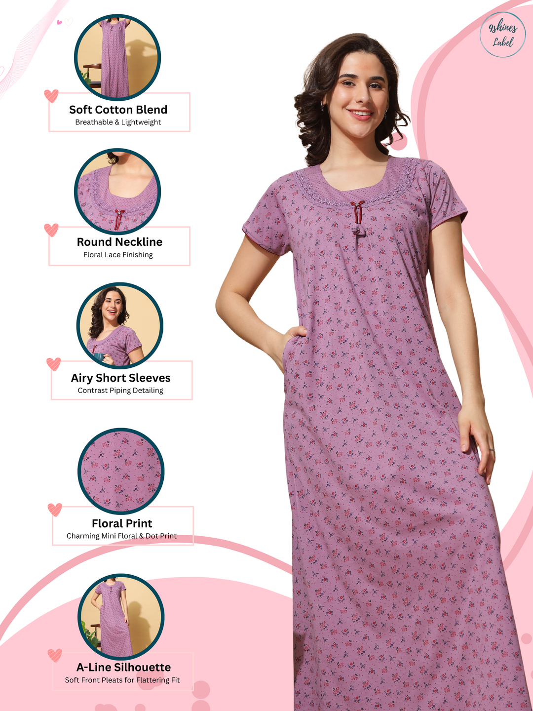 Purple Cotton Blend Nighty for Women with Crochet Lace Details