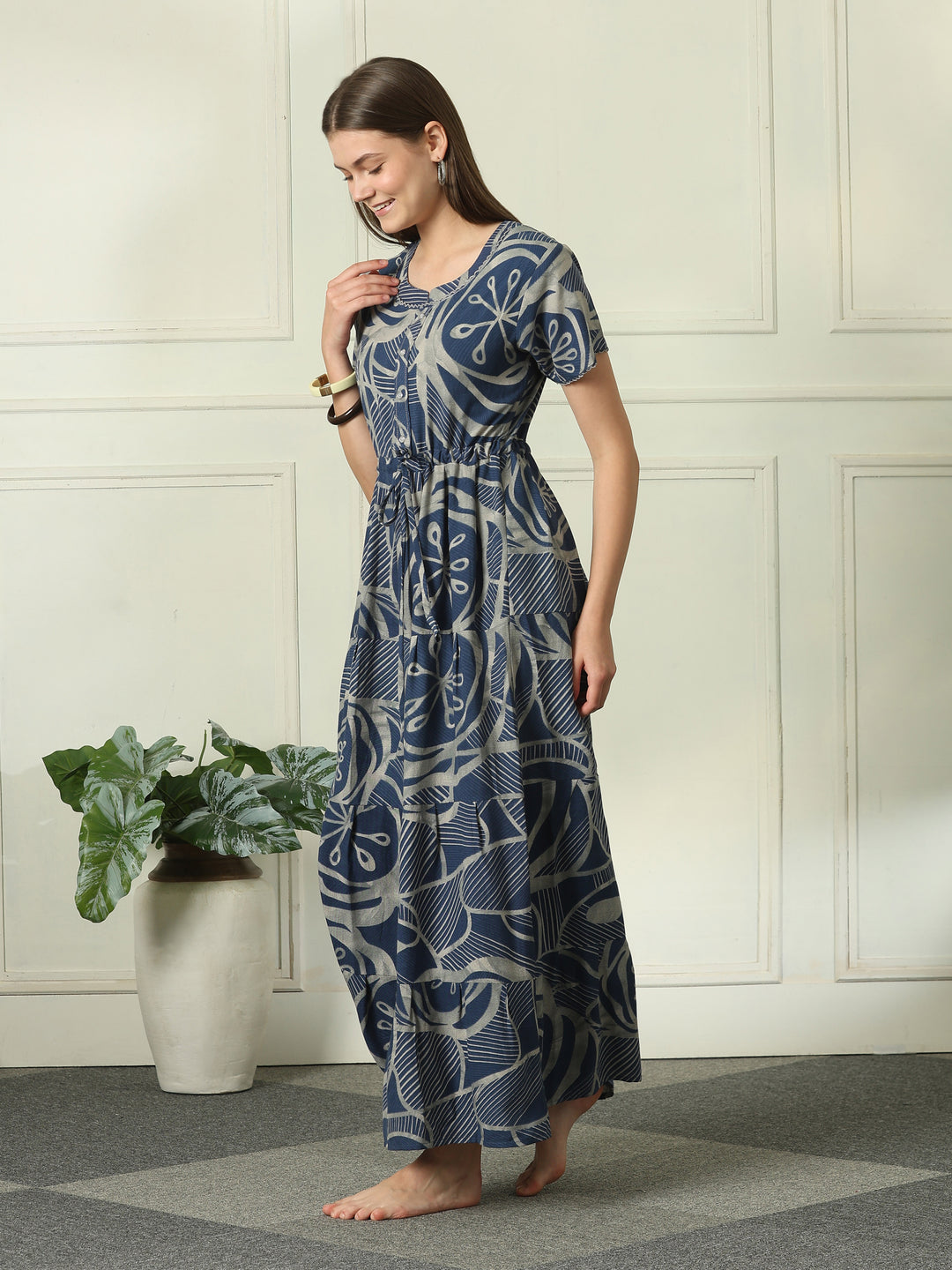 Designer Geometric Print Nighty with Tiered Hem in Urbane Indigo