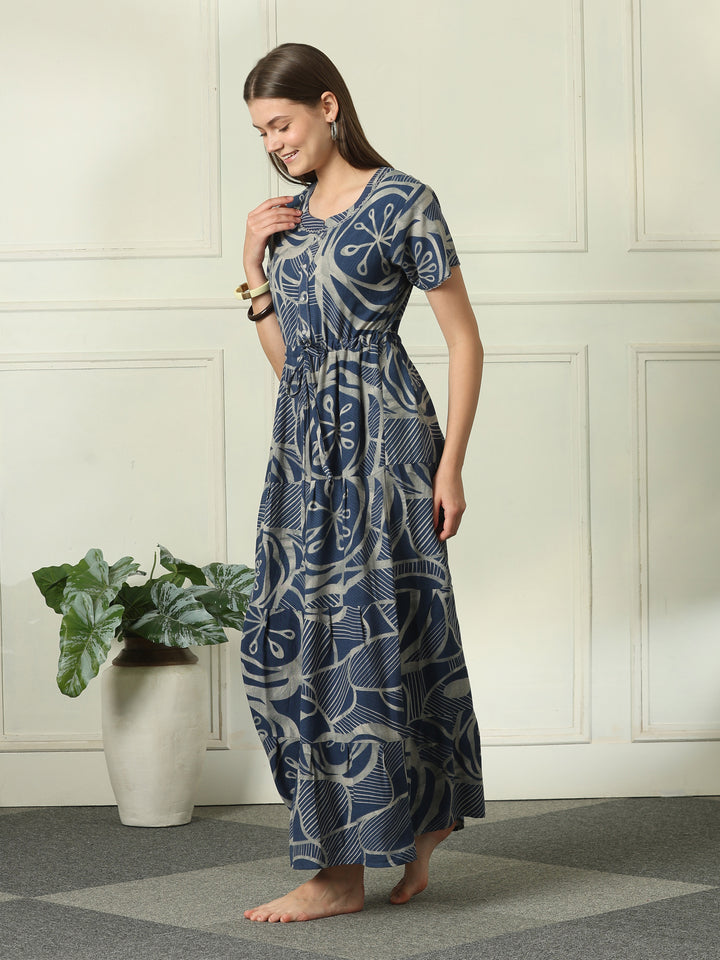 Designer Geometric Print Nighty with Tiered Hem in Urbane Indigo