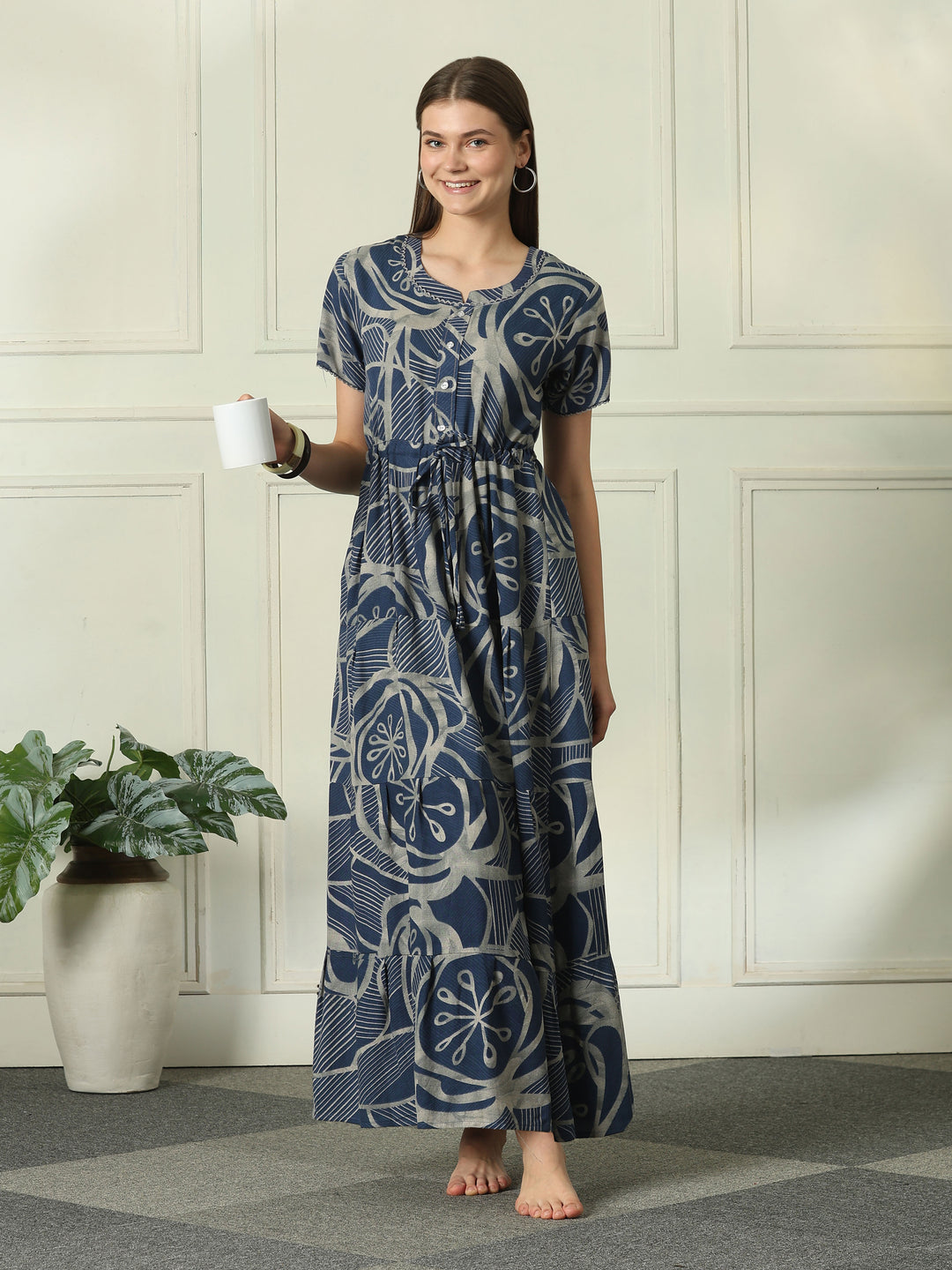 Designer Geometric Print Nighty with Tiered Hem in Urbane Indigo