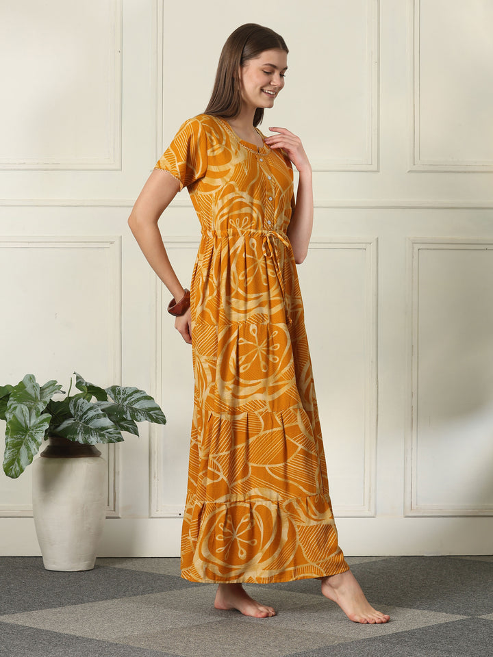 Geometric Frock Style Designer Nighty with Adjustable Waist in Urbane Honey