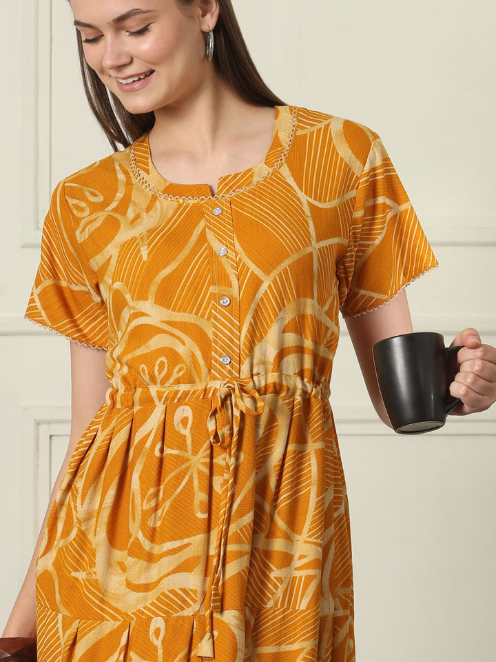 Geometric Frock Style Designer Nighty with Adjustable Waist in Urbane Honey